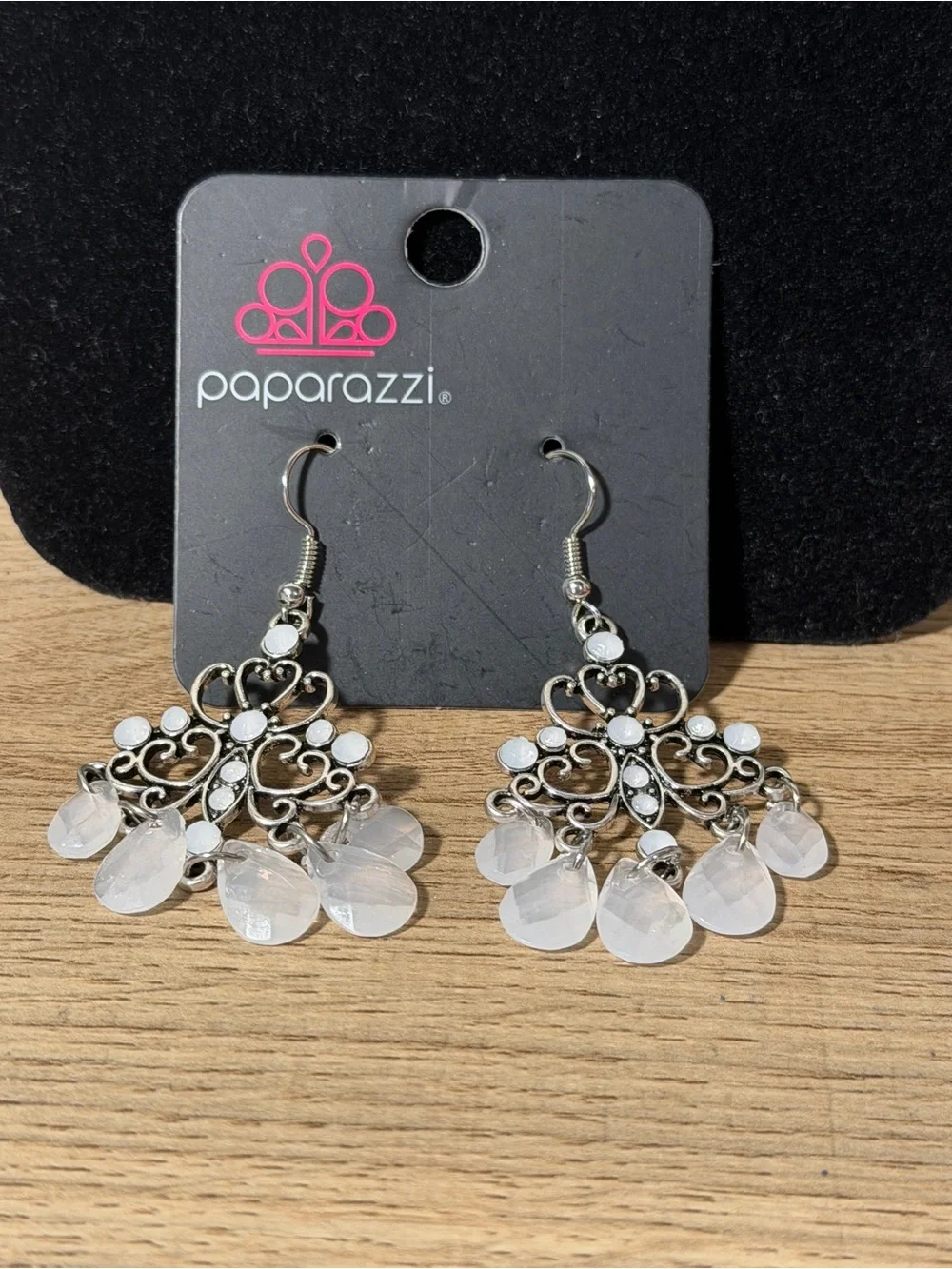 Paparazzi Silver Filigree Earrings with White Teardrops